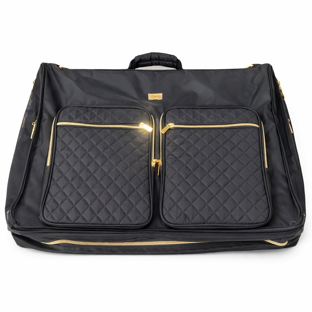 BENOSS Milan Black Quilted Garment Bag Travel Suit Dress Carrier Gold Hardware